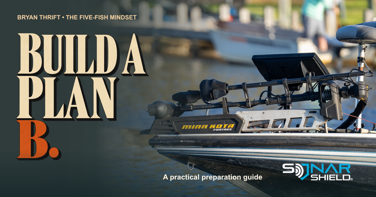 Sonar Shield library photograph of a bass-boat bow with Build a Plan B lettering; illustrative equipment, not Bryan Thrift or his boat.