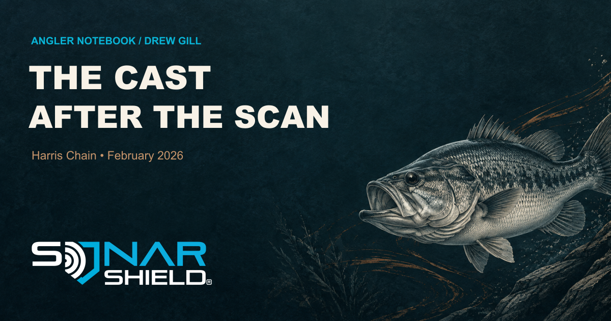 Editorial engraved bass illustration on dark teal with The cast after the scan headline and the unchanged Sonar Shield logo.