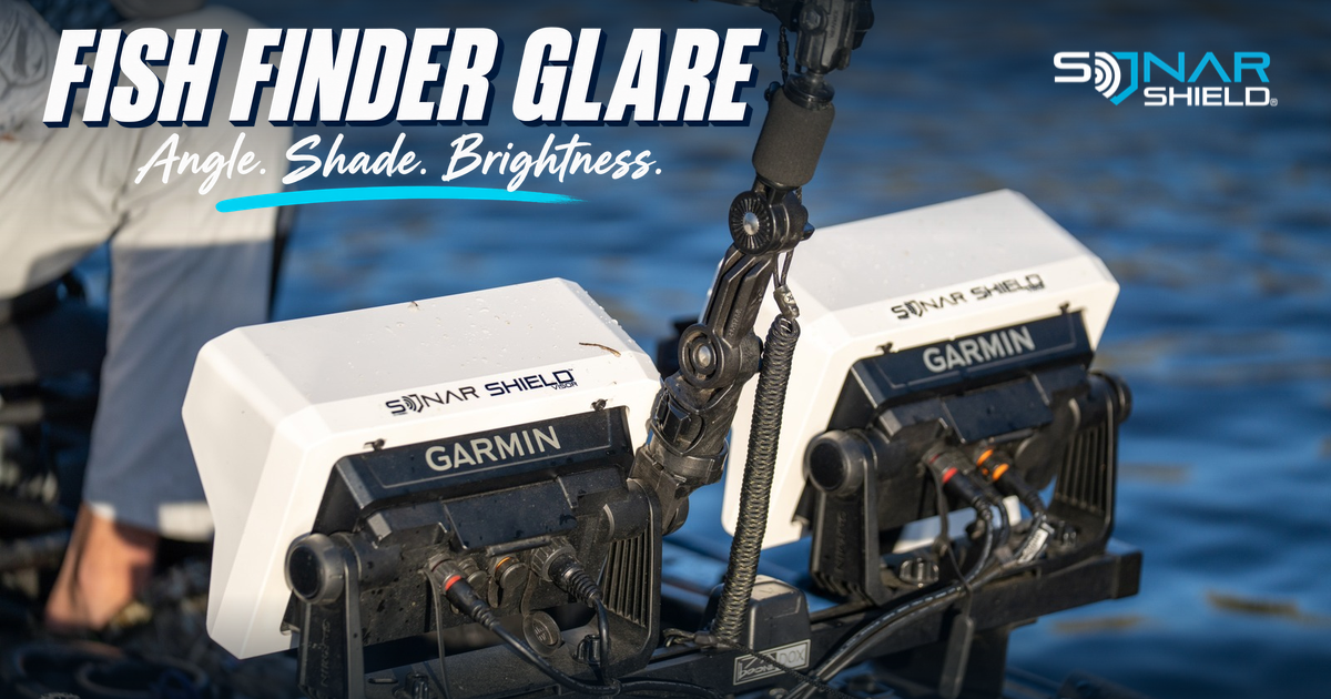 Two real white Sonar Shield visors fitted to Garmin fish finders on a kayak, with Fish Finder Glare and Angle, Shade, Brightness lettering.