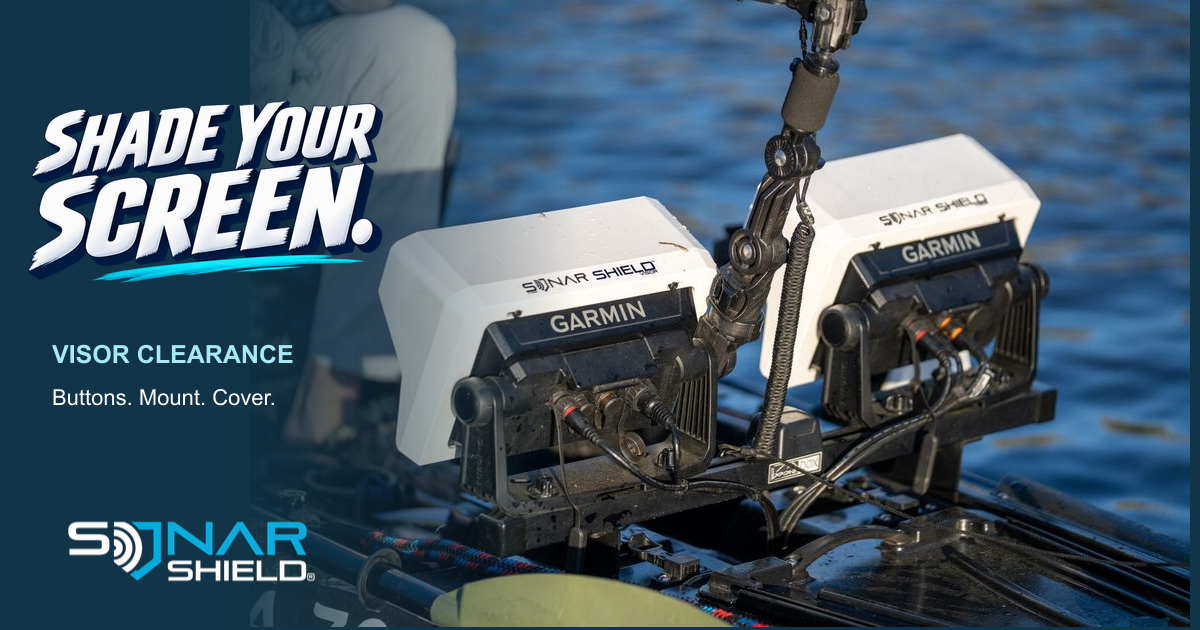 Two white Sonar Shield fish finder visors fitted around Garmin displays on a kayak, with a Shade Your Screen headline.