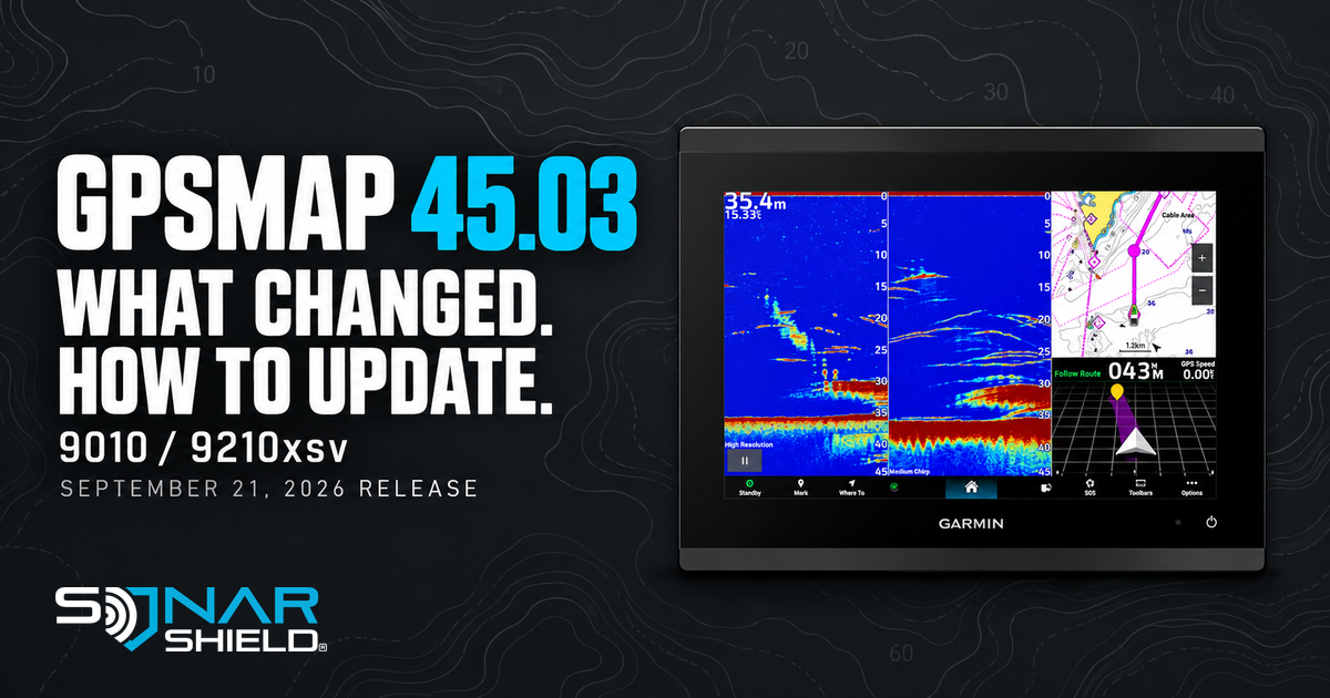 Official Garmin GPSMAP 9010xsv device image in a Sonar Shield software 45.03 announcement, released September 21, 2026