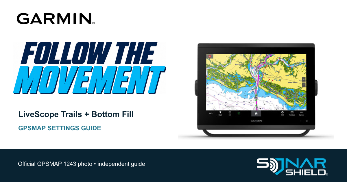 Official Garmin GPSMAP 1243 display showing its original navigation chart beside the headline Follow the Movement and a LiveScope Trails and Bottom Fill guide label.