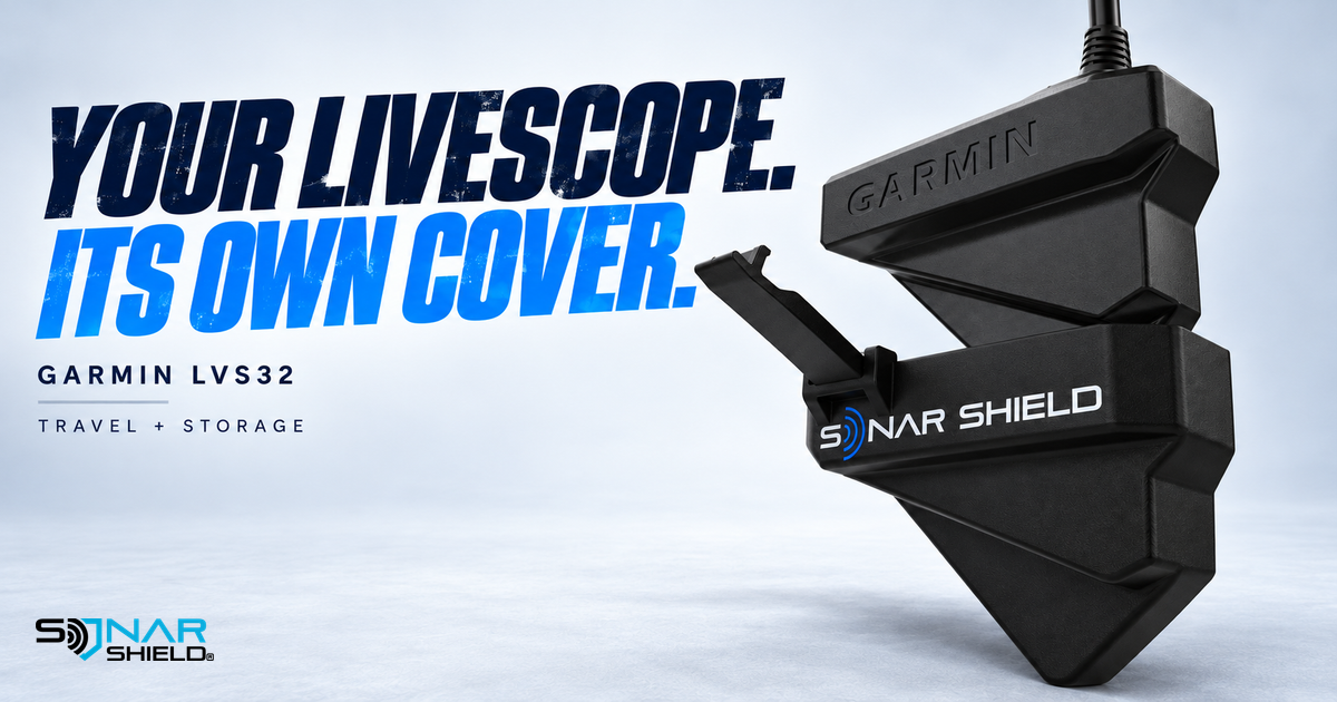 Garmin LVS32 transducer and Sonar Shield travel cover with Your LiveScope, Its Own Cover headline on a cool gray studio background