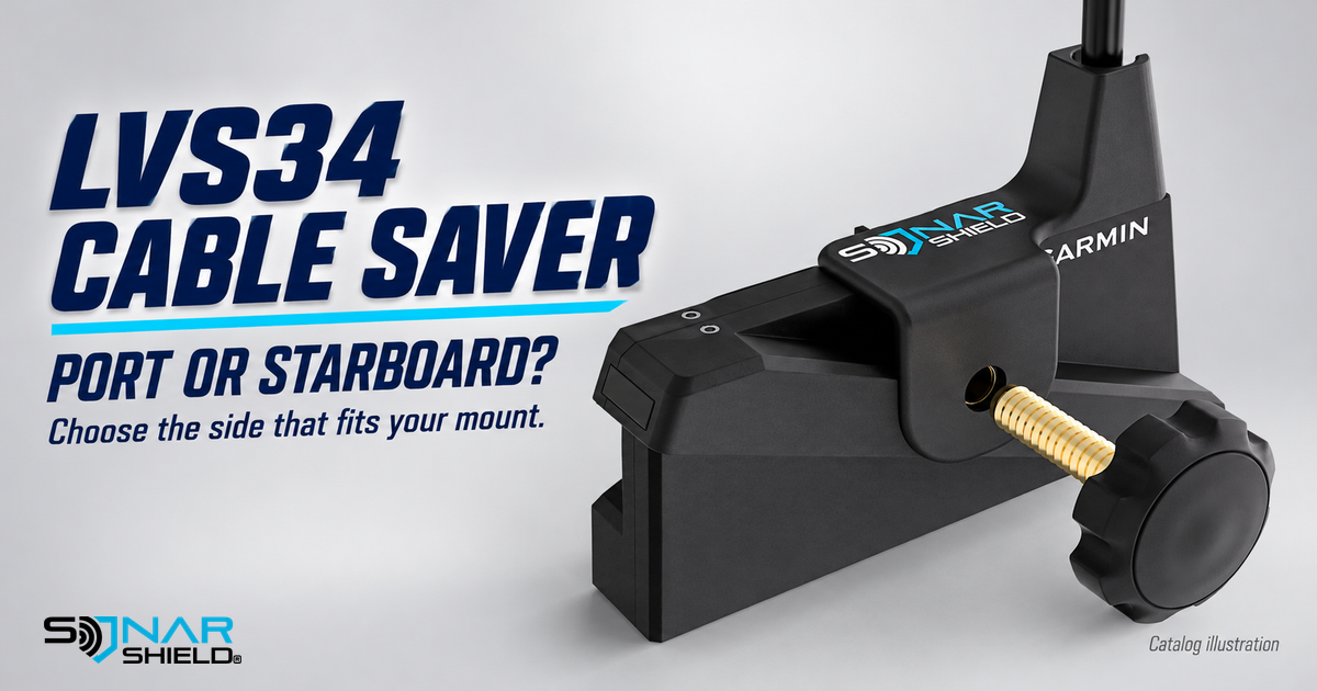 Sonar Shield LVS34 Cable Saver catalog illustration showing cable support and mounting knob beside a port-or-starboard selection headline