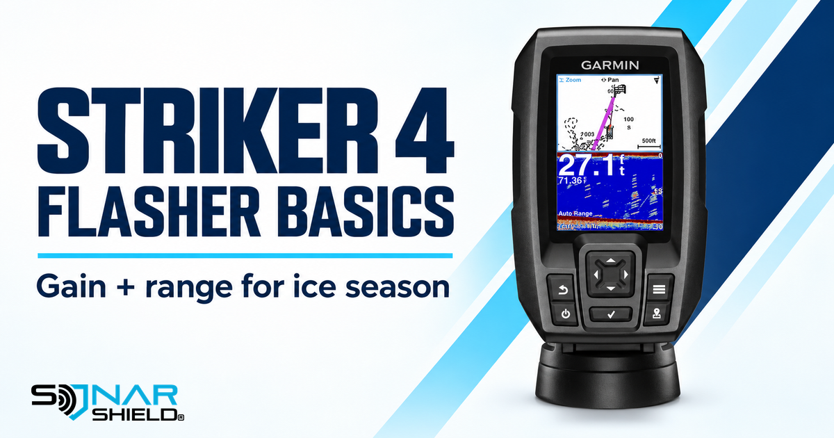 Official Garmin STRIKER 4 device image beside flasher, gain and range guide lettering for ice season 2026–27