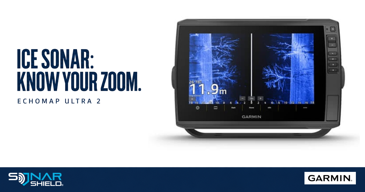 Official Garmin ECHOMAP Ultra 2 product photograph beside an ice-fishing flasher zoom guide headline; the pictured screen is a catalog view, not flasher mode.