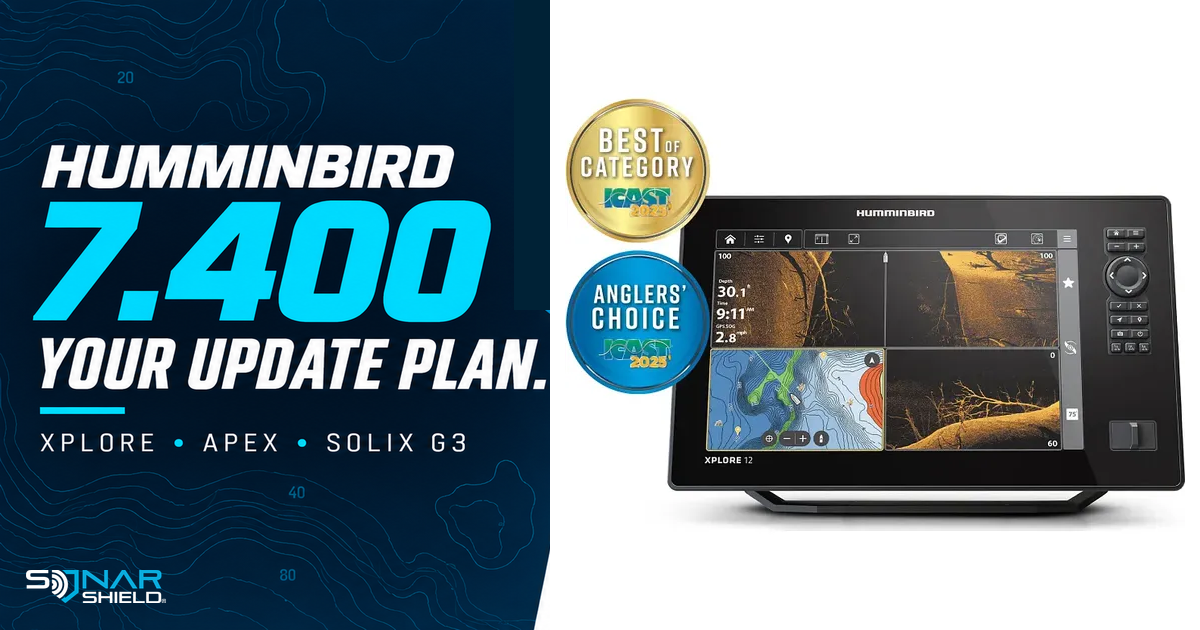 Official Humminbird XPLORE 12 product photo beside the 7.400 software update guide