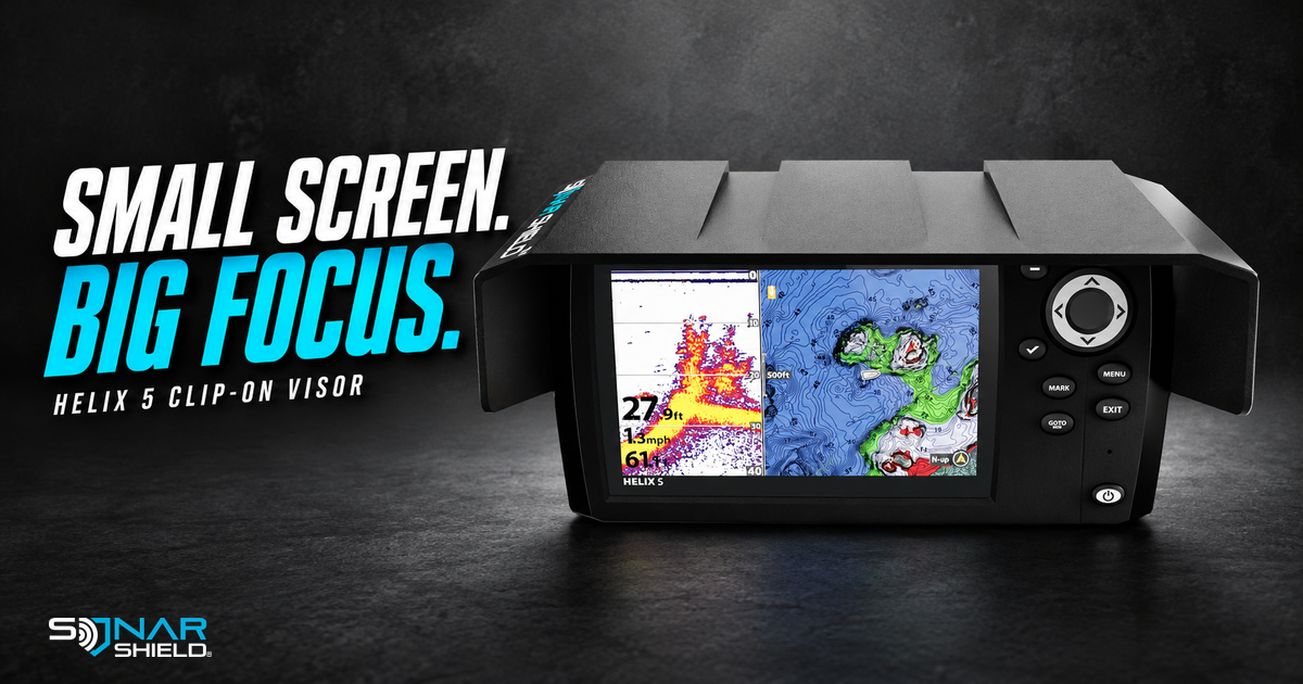 Sonar Shield clip-on visor fitted around a Humminbird HELIX 5 display, with Small Screen, Big Focus headline.