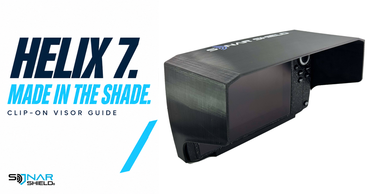 Sonar Shield HELIX 7 clip-on visor fitted around a fish finder, shown fully beside the shade-guide headline