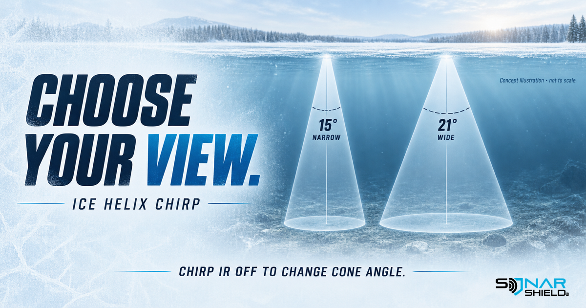 ICE HELIX CHIRP educational illustration comparing 15-degree narrow and 21-degree wide cone angles; CHIRP IR must be off to change cone angle.