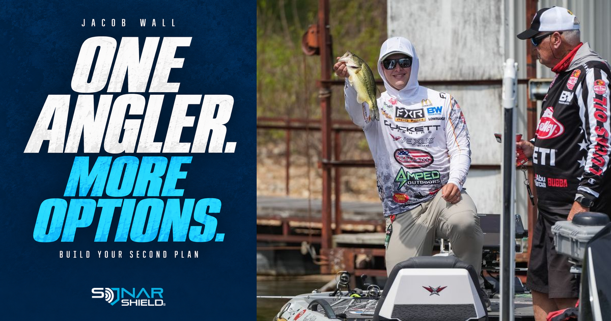 Jacob Wall holding a bass in an official MLF photograph beside a headline about adaptable fishing plans