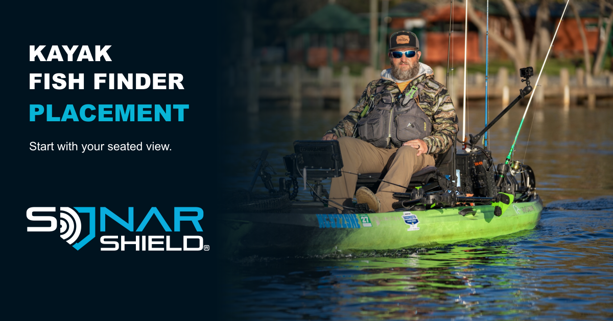 Angler seated in a green fishing kayak with a mounted fish finder, beside Sonar Shield kayak fish-finder placement guidance.