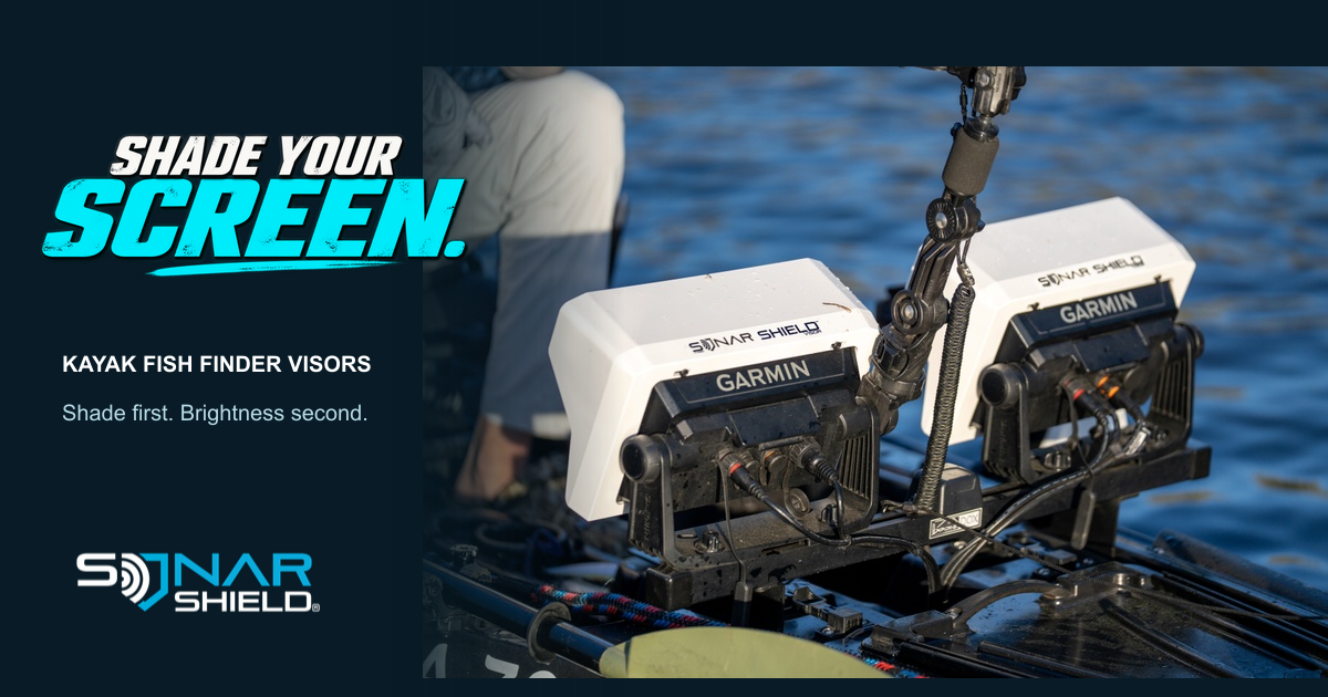 White Sonar Shield visors installed on two Garmin fish finders on a kayak, with Shade Your Screen headline.