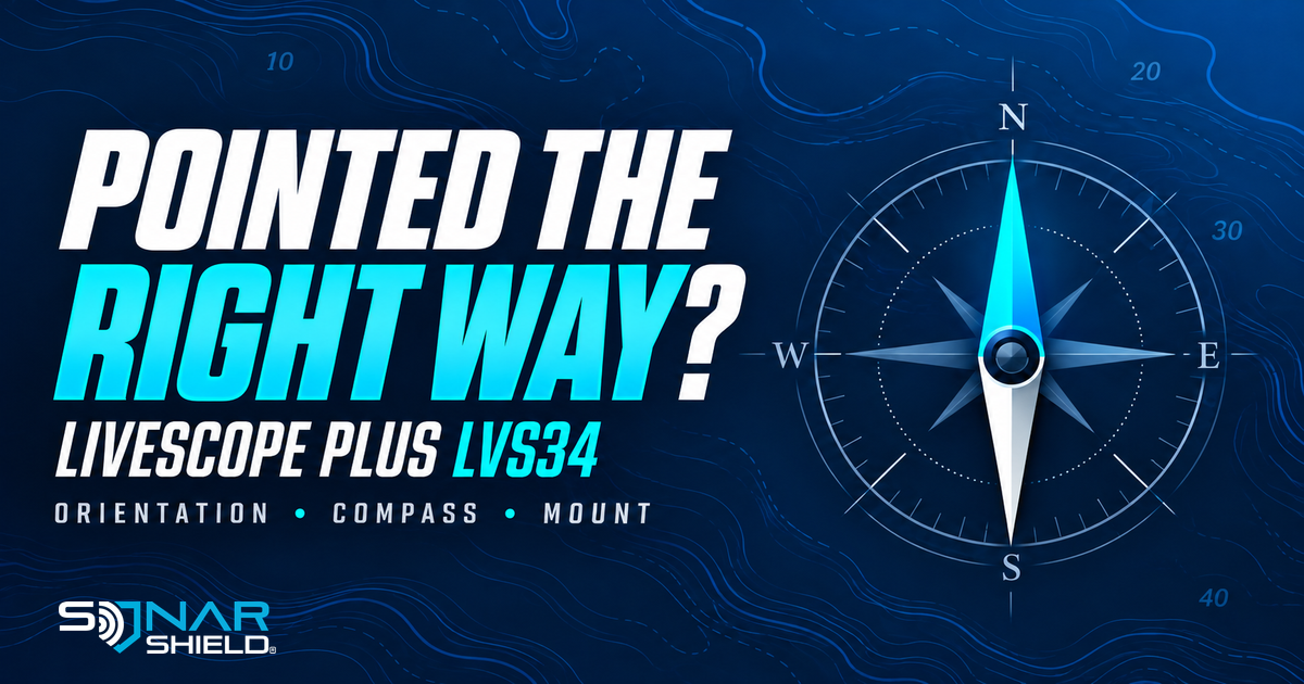 LiveScope Plus LVS34 orientation and compass guide graphic with an abstract compass and Pointed the Right Way headline; not a device screenshot