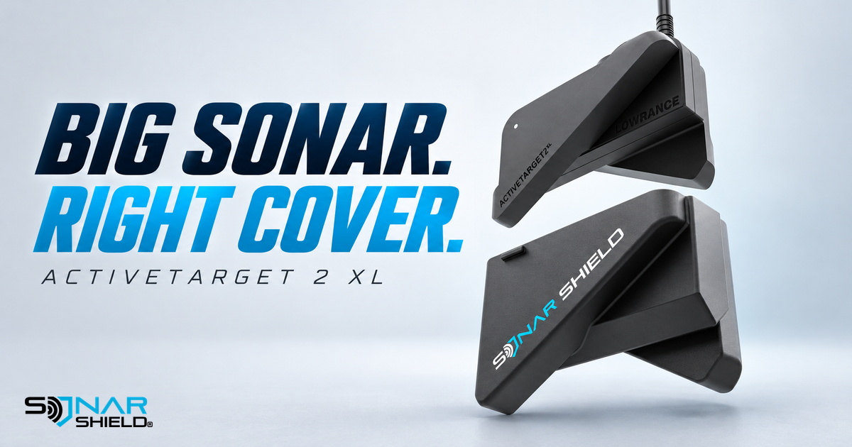 Black ActiveTarget 2 XL transducer above its matching Sonar Shield cover with Big Sonar Right Cover headline