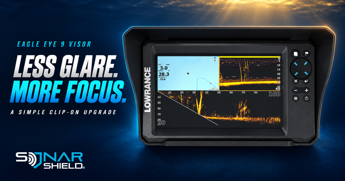 Catalog illustration of the Sonar Shield clip-on visor fitted around a Lowrance Eagle Eye 9 fish finder