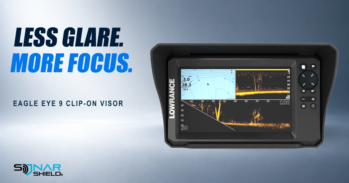Sonar Shield clip-on visor shown around a Lowrance Eagle Eye 9 display