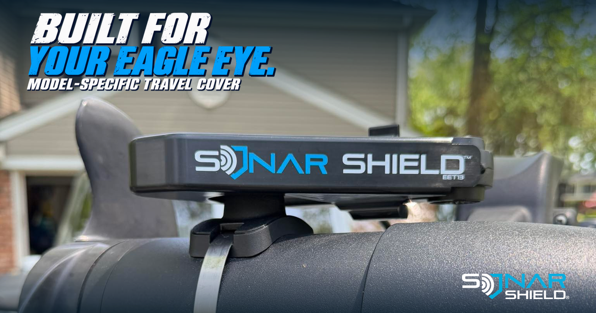 Sonar Shield Eagle Eye hard travel cover installed beside trolling-motor hardware with its physical logo visible