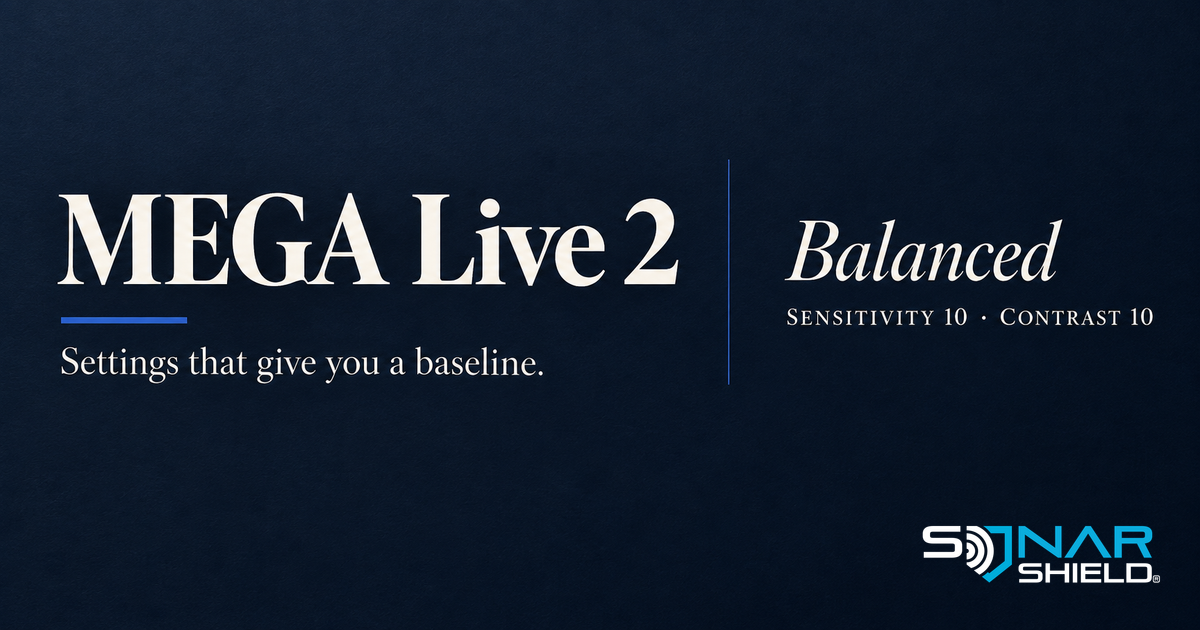 MEGA Live 2 settings graphic with Balanced, Sensitivity 10 and Contrast 10 on a dark navy background.