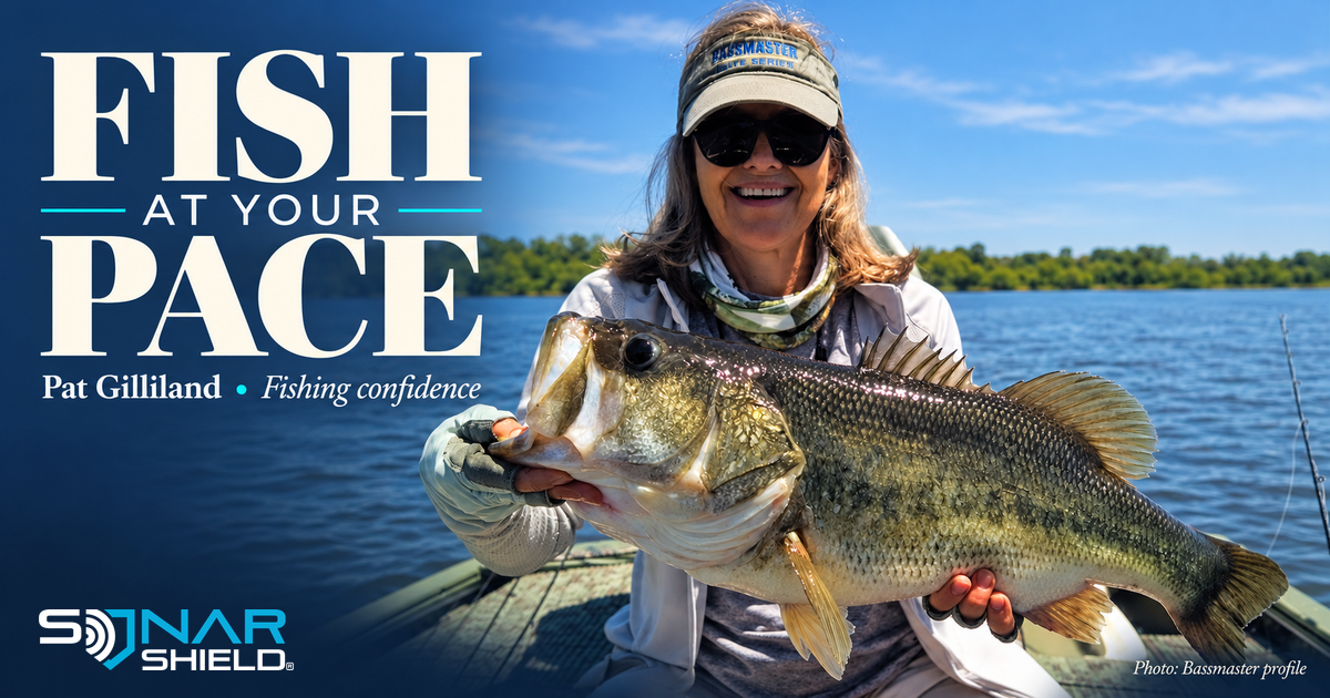 Pat Gilliland holding a bass on the water, with Fish at Your Pace headline; photo credited to Bassmaster.