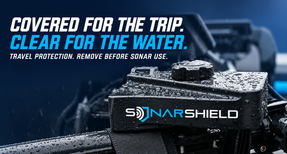 Black Sonar Shield travel cover fitted to stowed equipment, with newer white and blue branding and Covered for the trip, Clear for the water headline