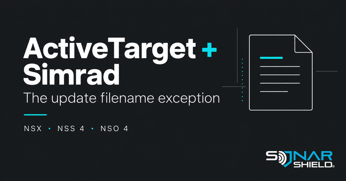 ActiveTarget and Simrad educational graphic explaining the update filename exception for NSX, NSS 4 and NSO 4.