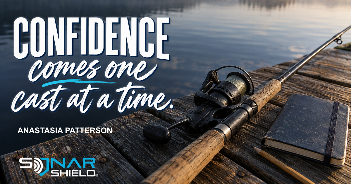 Editorial illustration of a spinning rod and notebook on a dock, with a confidence-building headline for an Anastasia Patterson profile; not her personal gear.