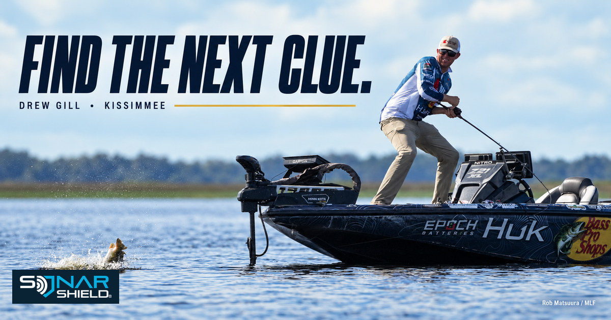 Drew Gill fishing from a bass boat at Kissimmee, photographed by Rob Matsuura for Major League Fishing, beside Find the Next Clue lettering