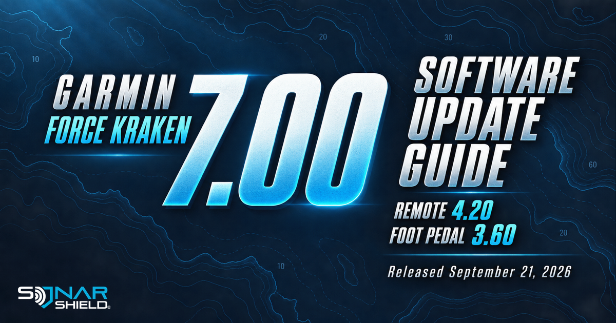 Sonar Shield announcement graphic for Garmin Force Kraken 7.00, remote 4.20 and foot pedal 3.60, released September 21, 2026
