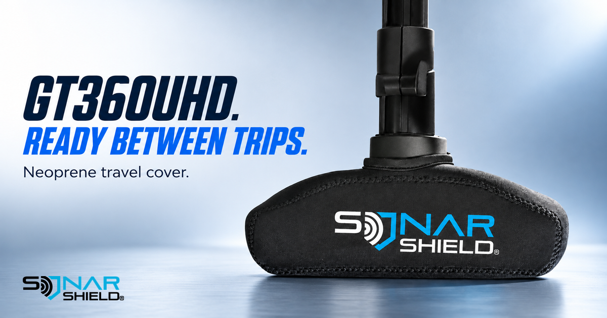 Sonar Shield neoprene travel cover fitted around a Garmin GT360UHD transducer, showing its stitched fabric and logo.