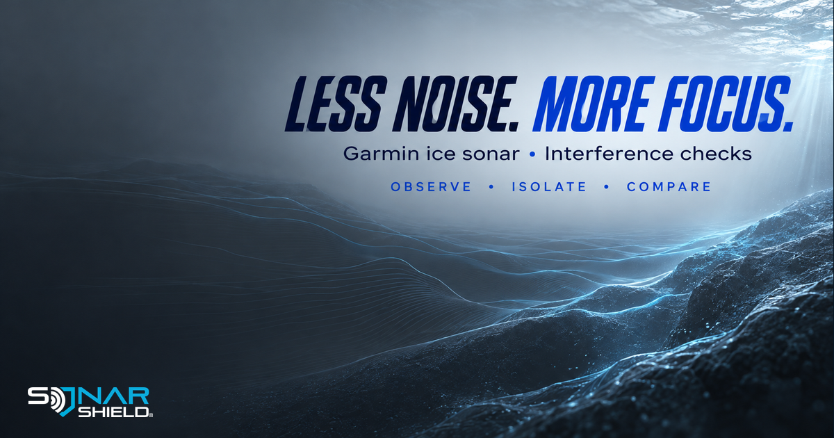 Garmin ice sonar interference guide artwork reading Less Noise More Focus on a slate and blue abstract background.