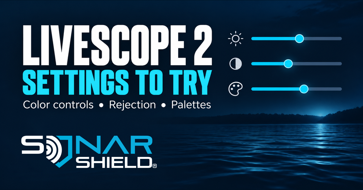 Landscape Sonar Shield LiveScope 2 settings guide graphic with color-control, rejection and palette topics above a dark lake background.