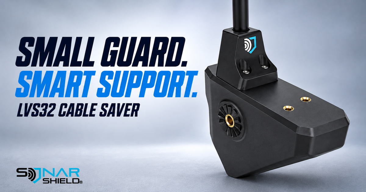 Three-quarter view of the Sonar Shield LVS32 Cable Saver with the white and blue shield emblem on the guard
