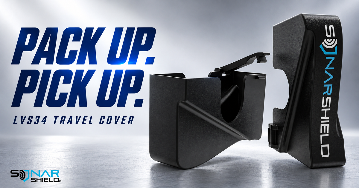 Complete black Sonar Shield LVS34 cover halves with exact vertical branding on a cool studio backdrop
