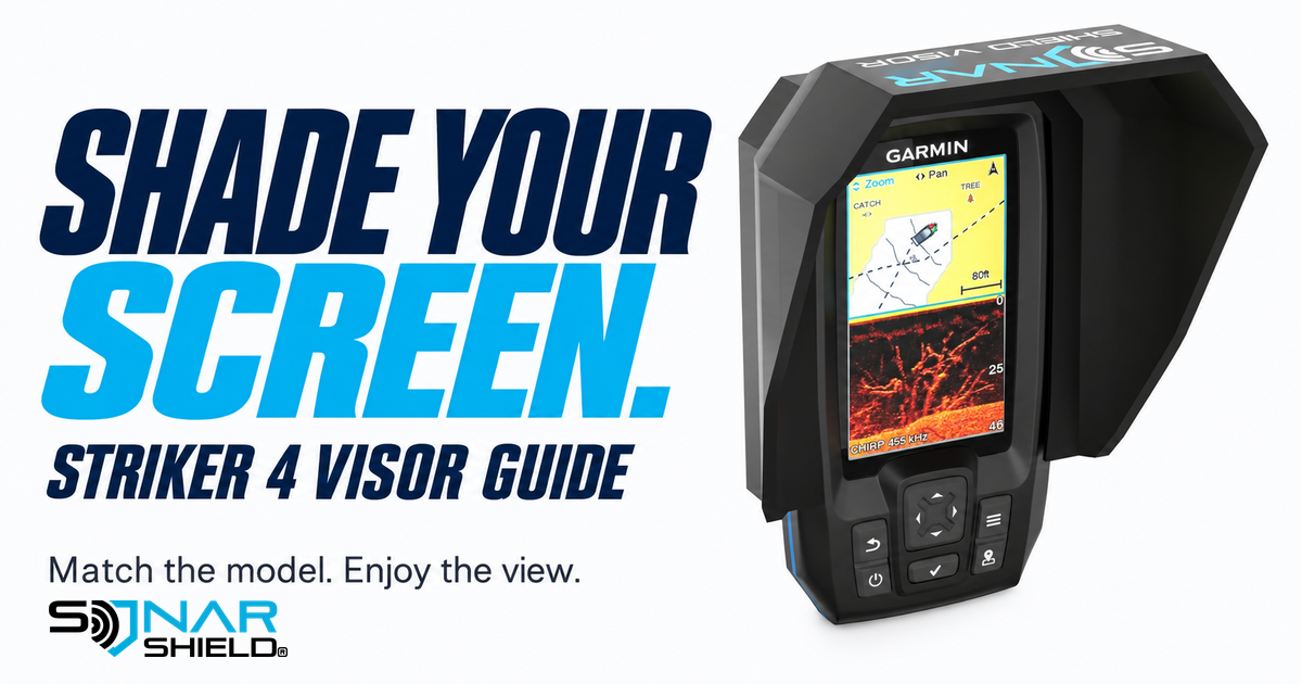 Sonar Shield catalog illustration of a Garmin STRIKER unit with a fitted visor beside Shade Your Screen lettering