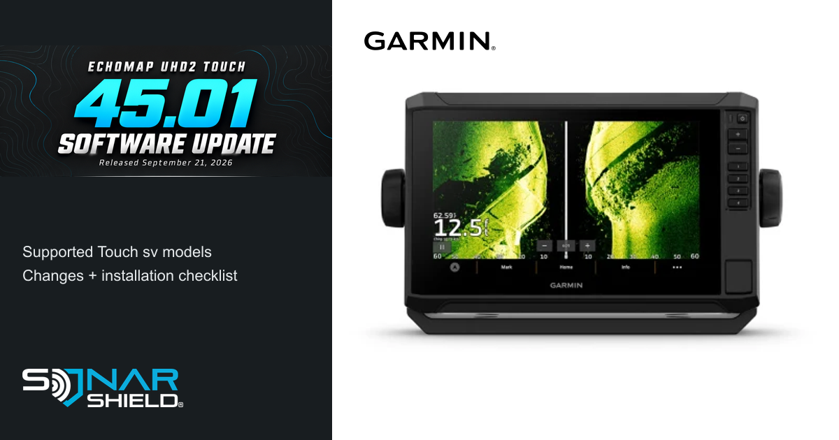 Official Garmin ECHOMAP UHD2 93sv product photograph with software version 45.01 announcement, released September 21, 2026.
