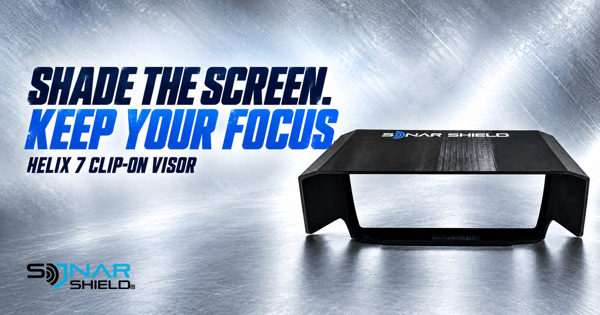 Sonar Shield black HELIX 7 clip-on visor with Shade the Screen Keep Your Focus headline