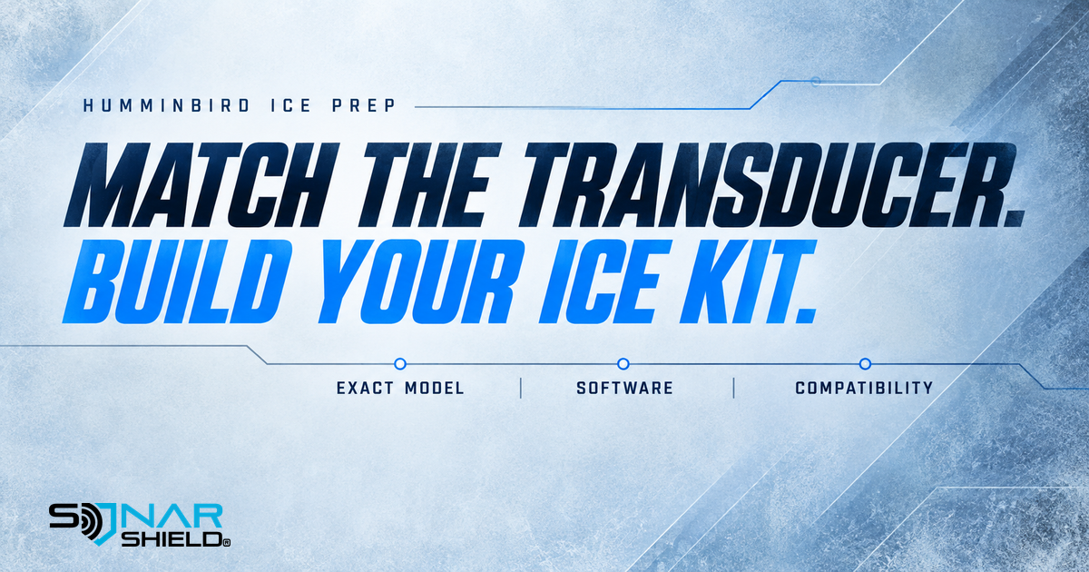 Humminbird ice preparation editorial graphic reading Match the Transducer Build Your Ice Kit, with exact model, software and compatibility labels