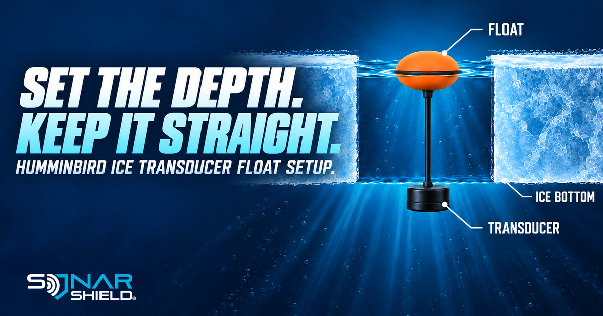 Conceptual ice-hole cross-section illustrating a float and vertically hanging transducer just below the ice