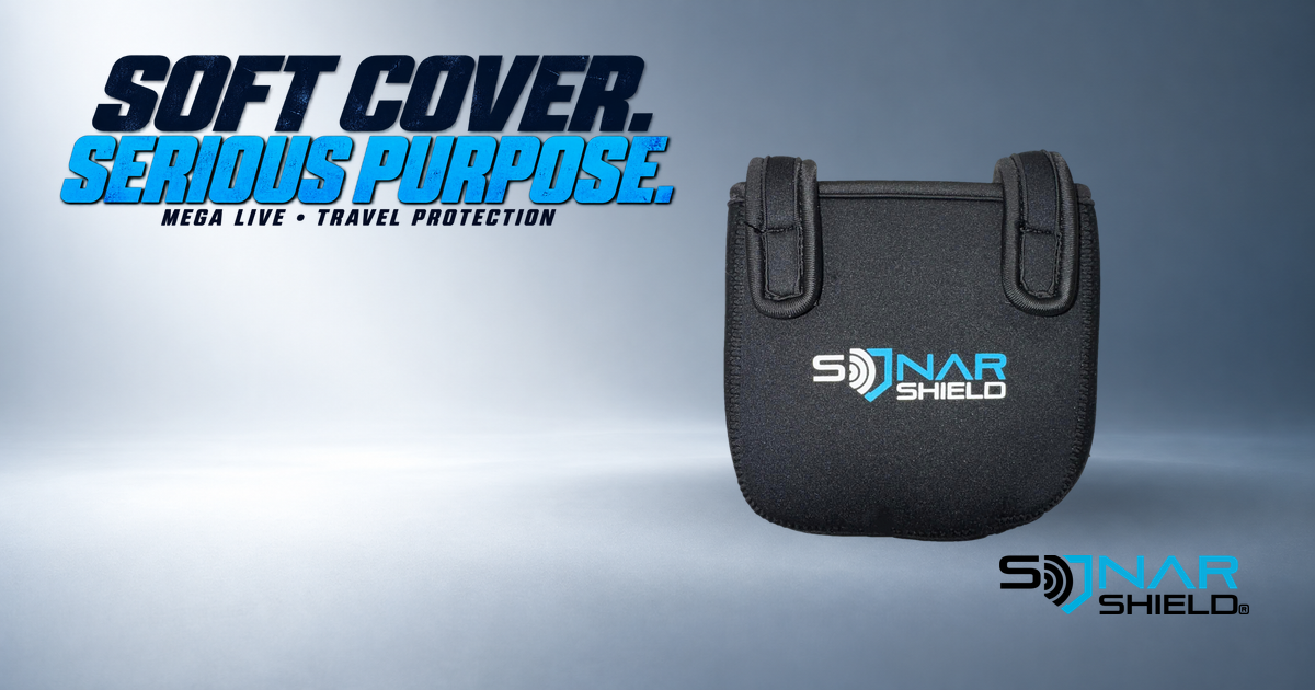 Actual black Sonar Shield neoprene MEGA Live cover with stitched edges, two fastening loops and its physical white and blue logo