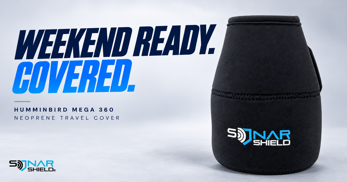 Sonar Shield Humminbird MEGA 360 neoprene travel cover with Weekend Ready, Covered headline and gray studio background
