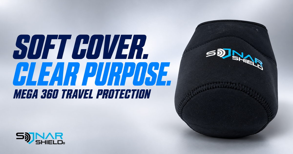Sonar Shield black neoprene MEGA 360 travel cover with its genuine stitched construction and blue-and-white physical logo
