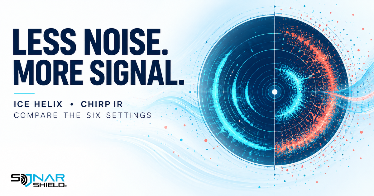 Original abstract sonar signal illustration with Less Noise More Signal headline for an ICE HELIX CHIRP IR guide