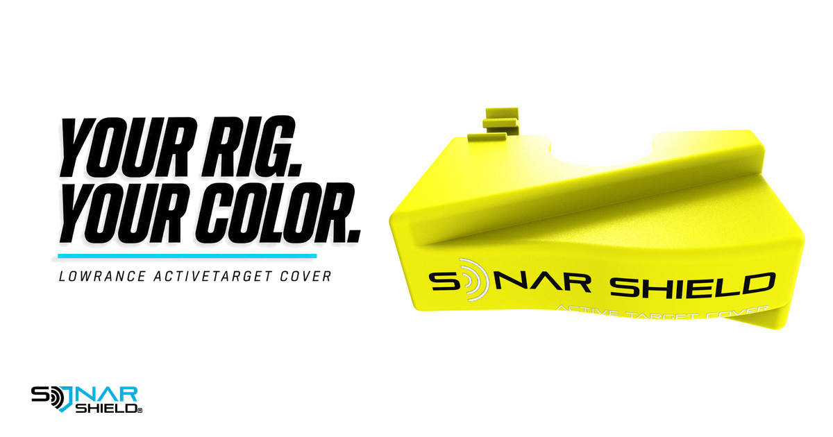 Yellow Sonar Shield ActiveTarget transducer cover shown completely against white beside the words Your Rig Your Color