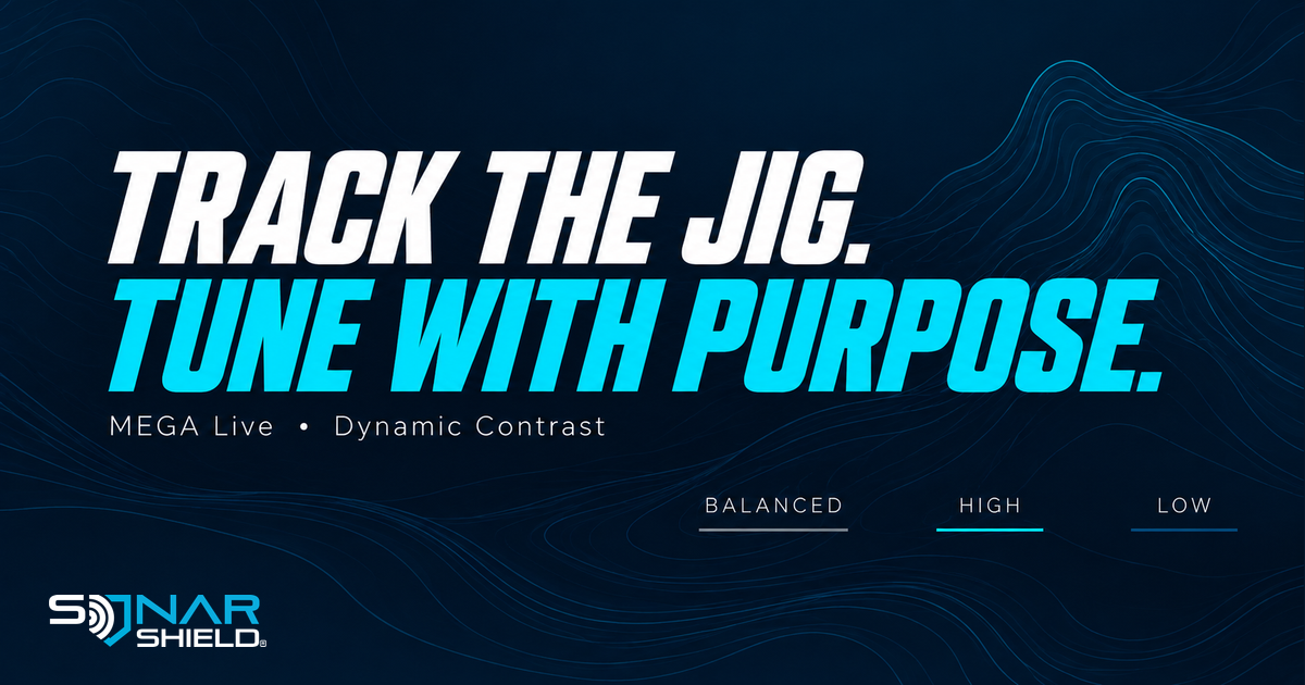 MEGA Live Dynamic Contrast editorial guide with Balanced, High and Low mode labels; not an actual sonar screenshot.