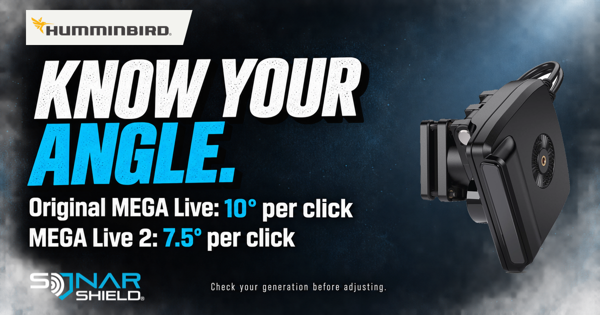 Official Humminbird MEGA Live 2 transducer photo beside mount-reference values: original MEGA Live 10 degrees per click and MEGA Live 2 7.5 degrees per click.