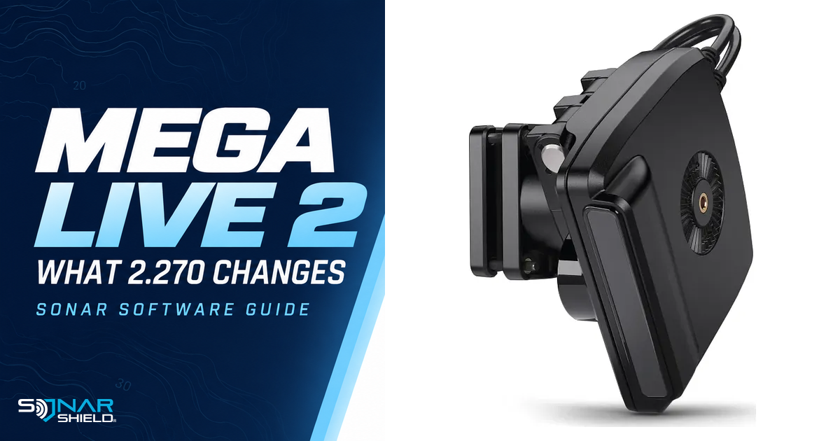Official MEGA Live 2 transducer product photo beside software 2.270 guide
