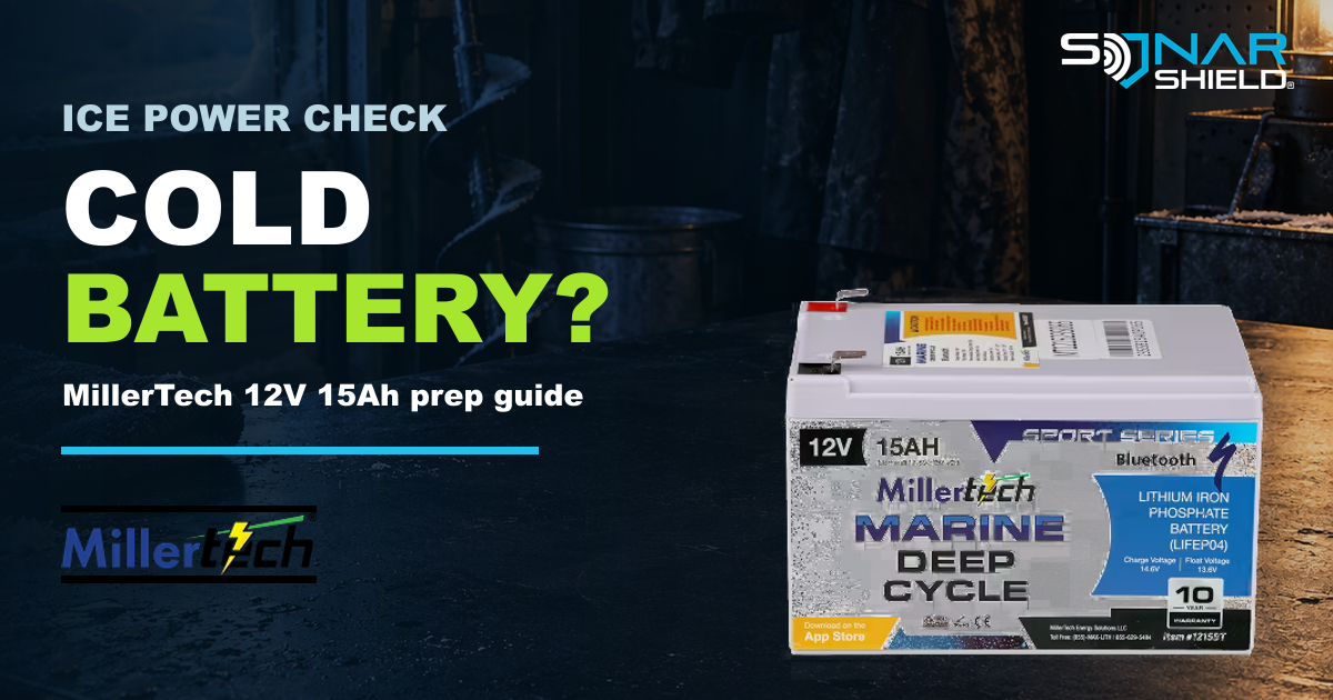 MillerTech 12V 15Ah Sport Series 1215-BT battery on an ice-fishing workbench with Cold Battery wording and the unchanged Sonar Shield logo.