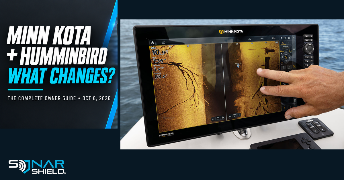 Official Minn Kota X Series fish finder with Humminbird Imaging beside Sonar Shield’s October 6 owner-guide headline