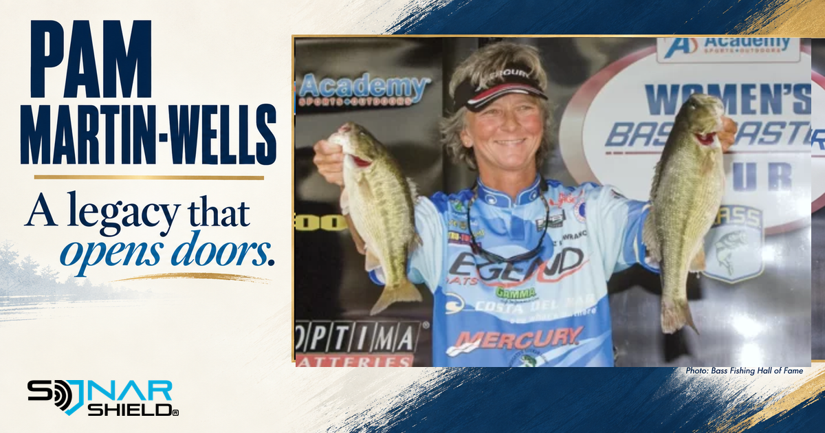 Archival Bass Fishing Hall of Fame photograph of Pam Martin-Wells holding two bass, beside a tribute to her fishing legacy